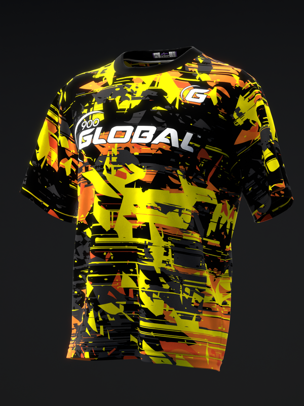 Black bowling jersey with yellow, orange, and red splatter pattern design front view