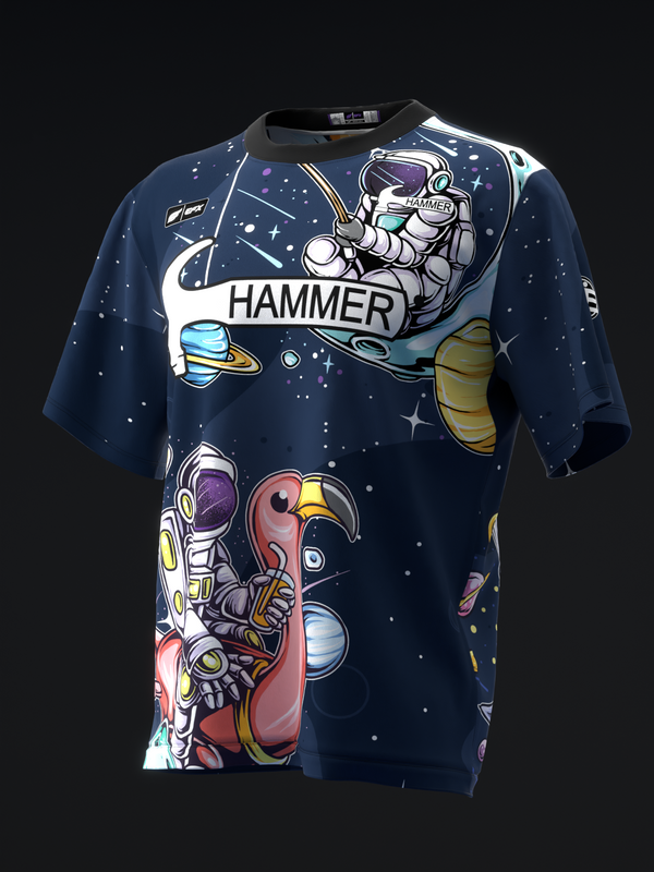 Navy bowling jersey with astronaut and planet graphic design front view