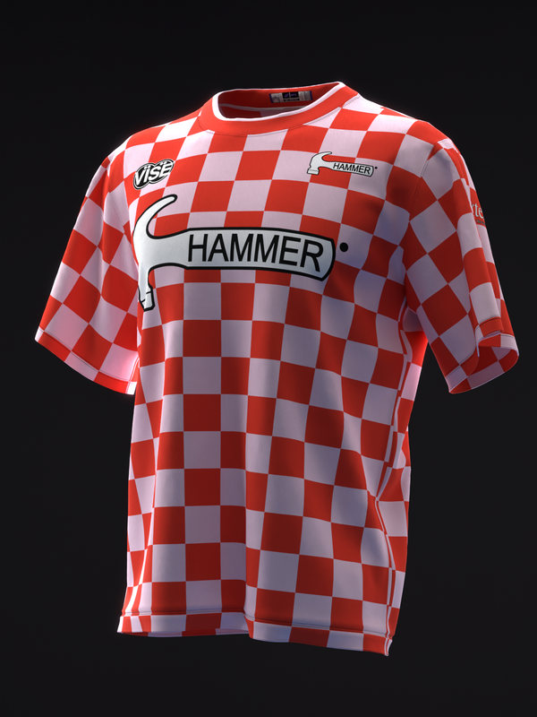 Red and white checkerboard bowling jersey with Hammer logo, front view