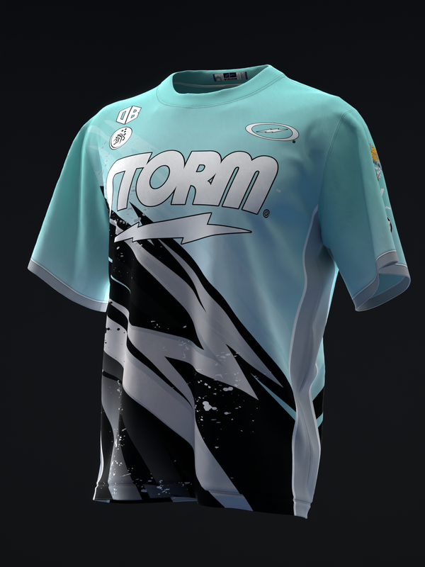Light blue bowling jersey with Storm logo and black lightning bolt graphic design