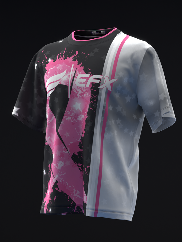 Black and white bowling jersey with pink splatter graphic and stripe accents, front view