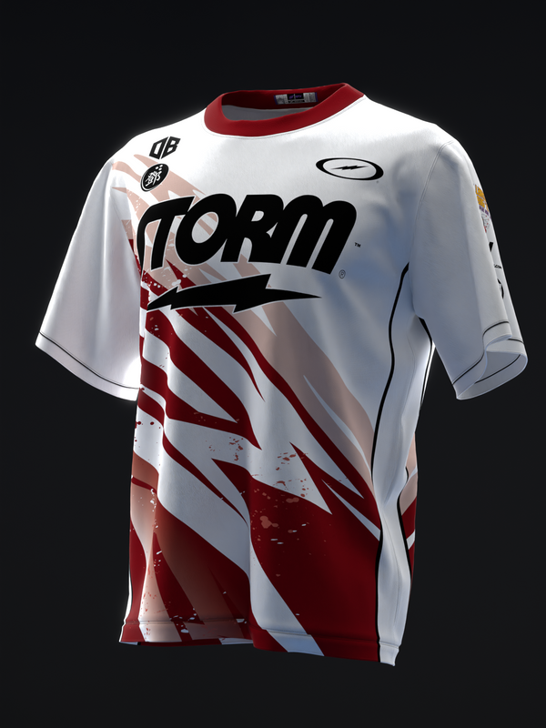 White bowling jersey with red diagonal striped design and Storm logo