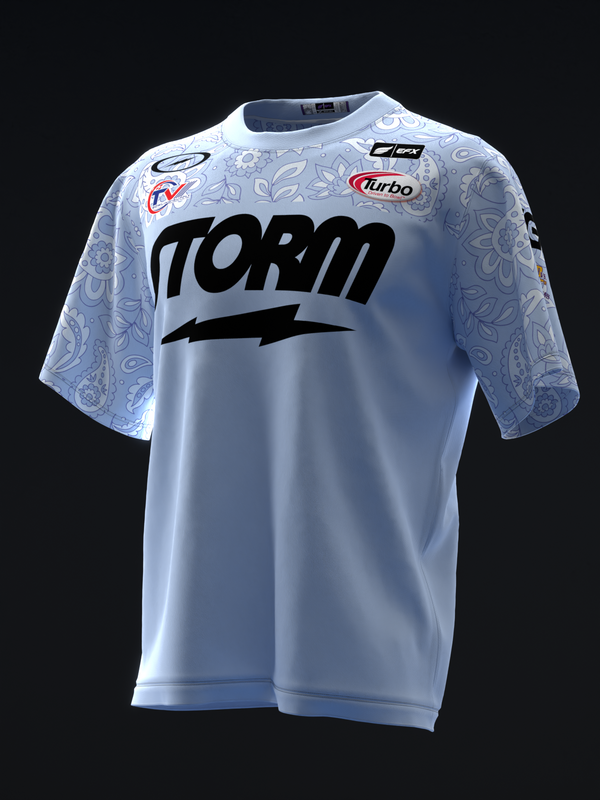 Light blue bowling jersey with black "TORM" text and paisley sleeves