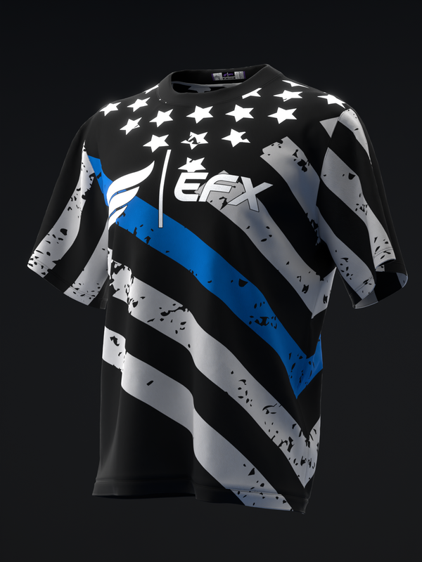 Black bowling jersey with white stars, diagonal stripes, and blue accent stripe on front