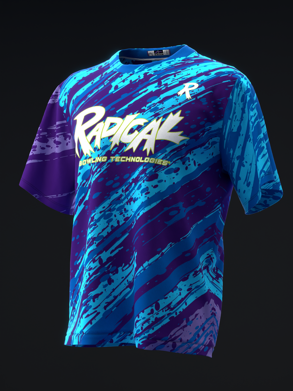 Blue and purple bowling jersey with white geometric graphic and text design, front view