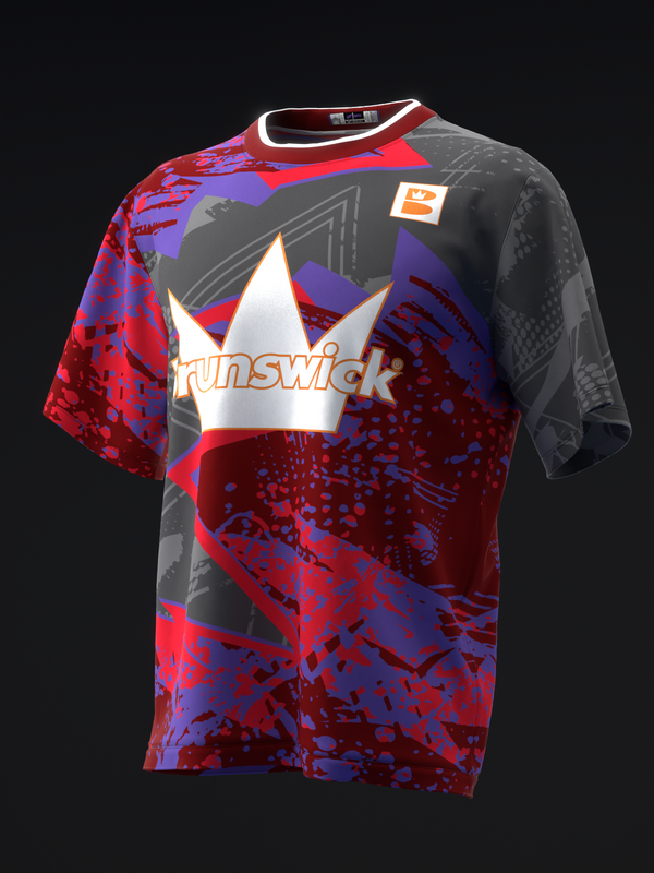 Brunswick bowling jersey with red, purple, and black abstract pattern and white crown logo