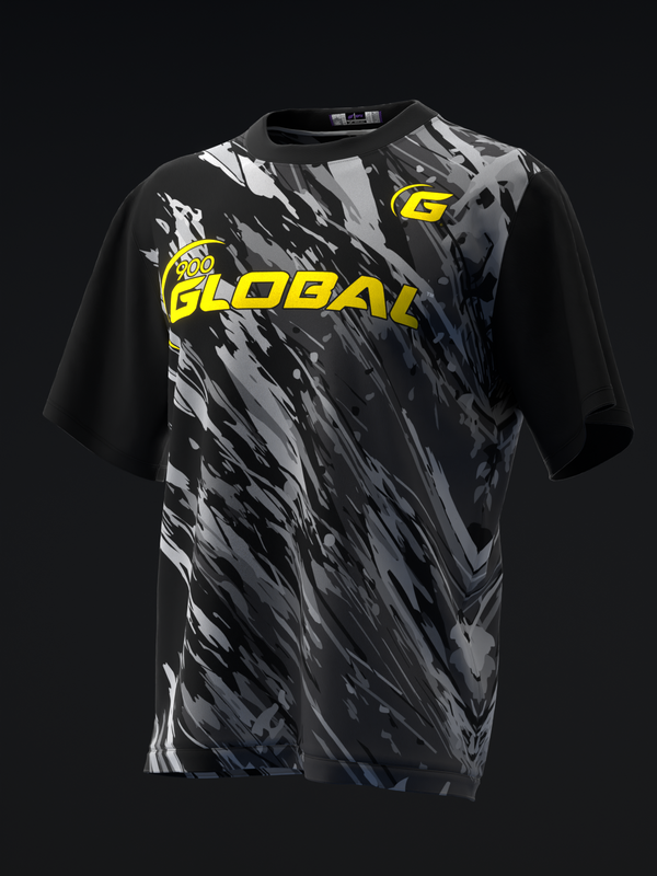Black bowling jersey with gray and white brush stroke pattern and yellow Global logo