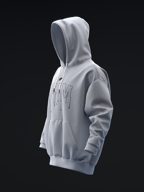 White pullover hoodie with embroidered text on chest, side view