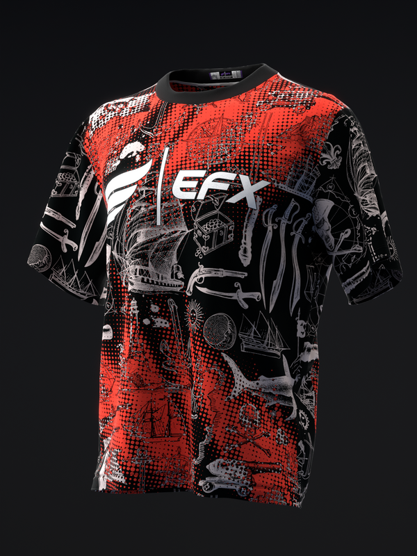Red and black bowling jersey with intricate graphic design and EFX branding, front view