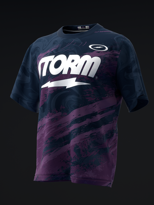 Navy and purple bowling jersey with white Storm logo and lightning graphic