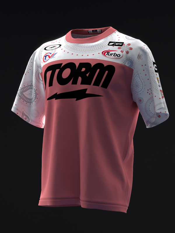 White and mauve bowling jersey with Storm logo and paisley pattern sleeves
