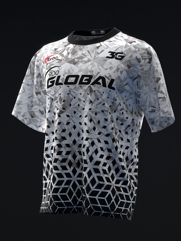 White and black bowling jersey with geometric gradient pattern and Global branding
