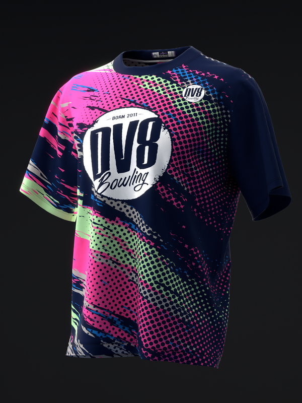 Navy bowling jersey with neon pink and green halftone pattern and DV8 logo graphic