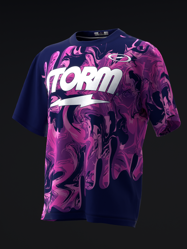 Navy and magenta bowling jersey with liquid swirl pattern and white Storm logo front view
