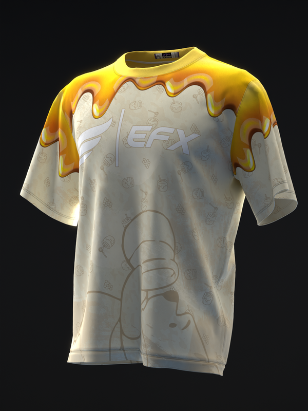 Cream bowling jersey with yellow drip graphic and bowling pin design