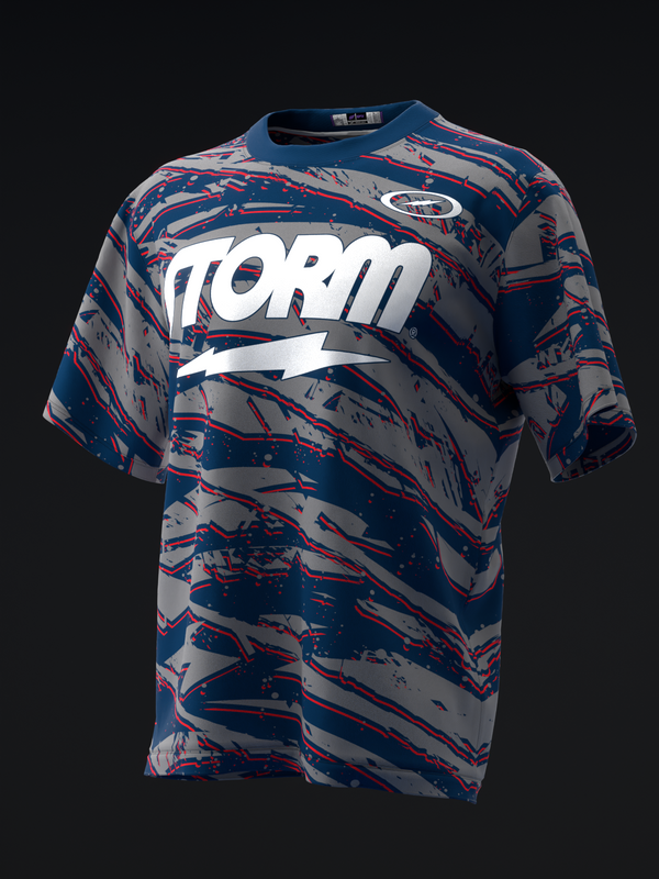 Blue, gray, and red abstract striped bowling jersey front view