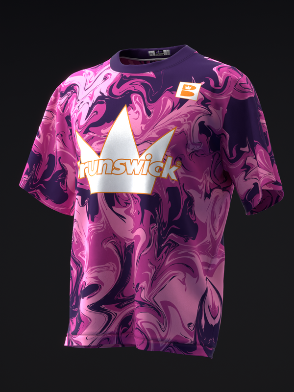 Purple bowling jersey with abstract swirl pattern and white Brunswick logo front view
