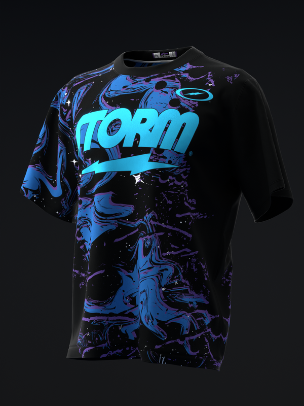 Black bowling jersey with cyan Storm text and abstract blue purple swirl pattern front view