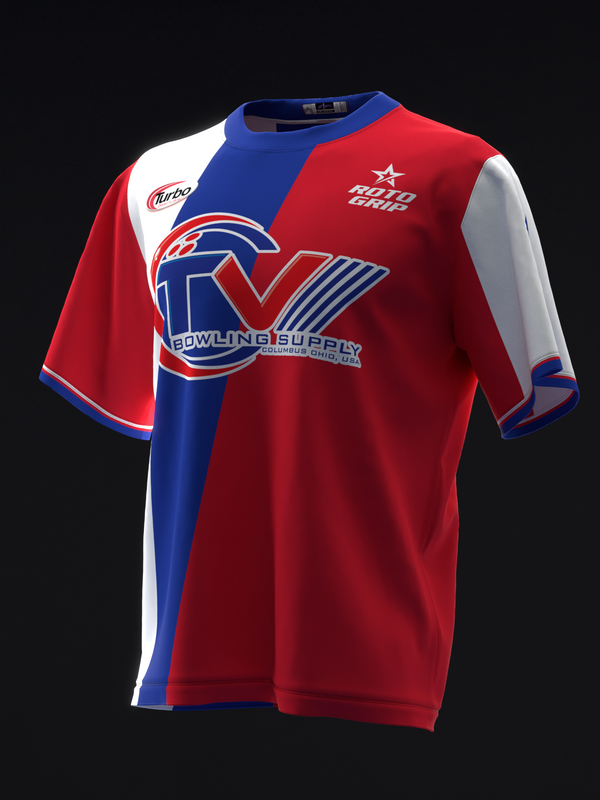 Red, white and blue bowling jersey with retro striped design and logo