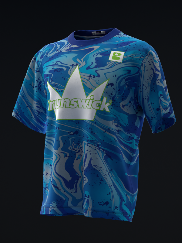 Brunswick bowling jersey front, blue marble pattern with white crown logo and yellow text