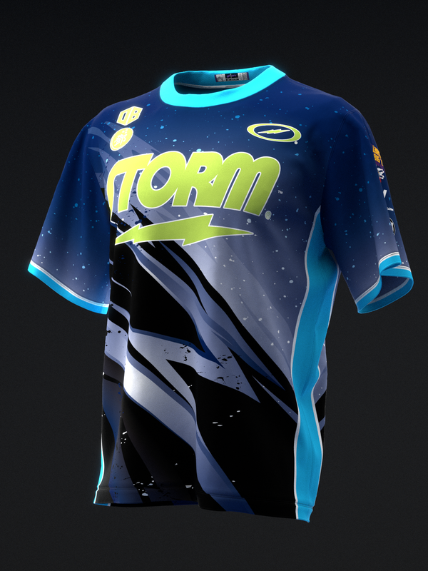 Navy bowling jersey with yellow Storm logo, cyan trim, and lightning graphic design