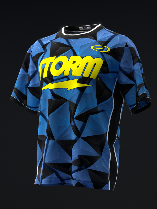 Blue and black geometric bowling jersey with yellow Storm text and lightning bolt graphic