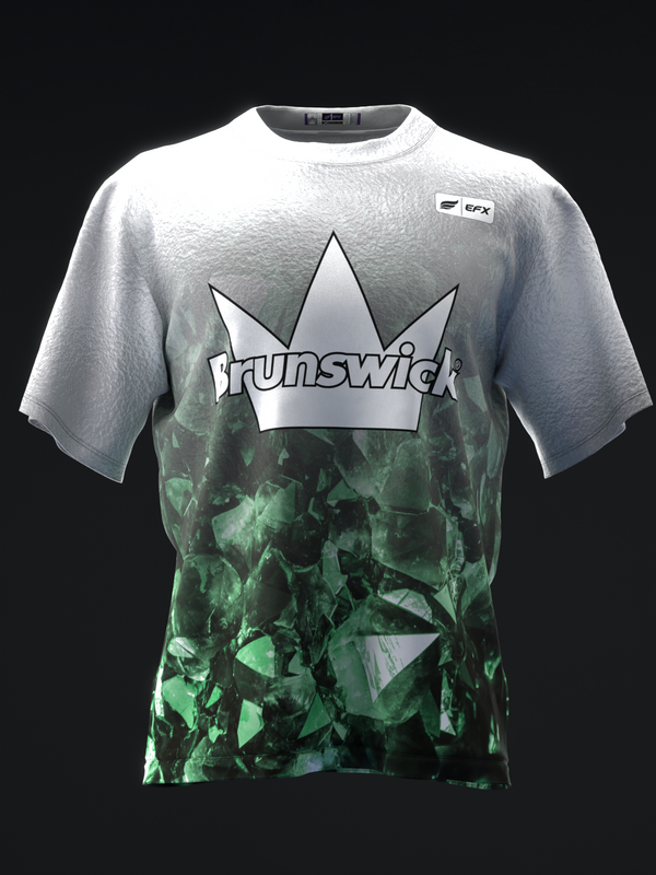 White and green bowling jersey with large crown and Brunswick text graphic, front view