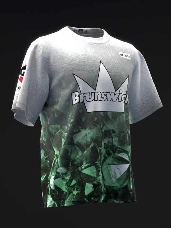 White and green bowling jersey with Brunswick crown logo and abstract pattern