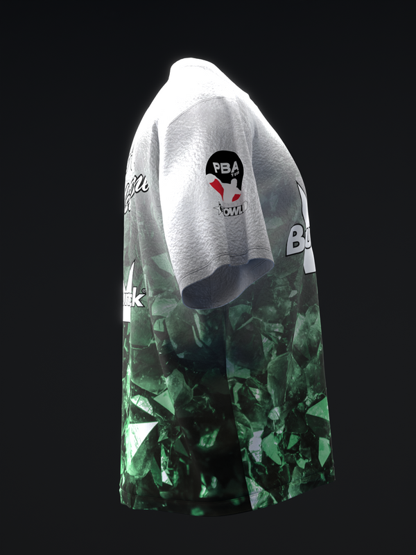 Bowling jersey with white upper half and emerald green abstract lower half, side view