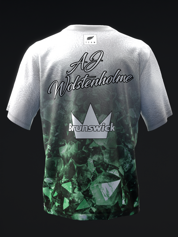 Bowling jersey back view with white upper, green geometric pattern lower, crown and text graphics