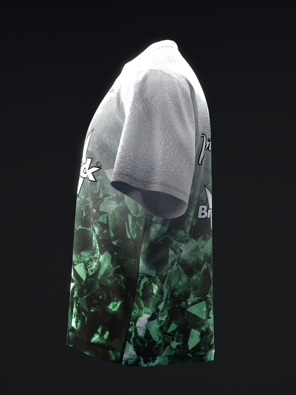 Gray and green abstract patterned bowling jersey, side view