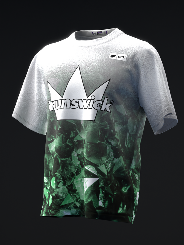 White and emerald green bowling jersey with crown and text graphic, front view