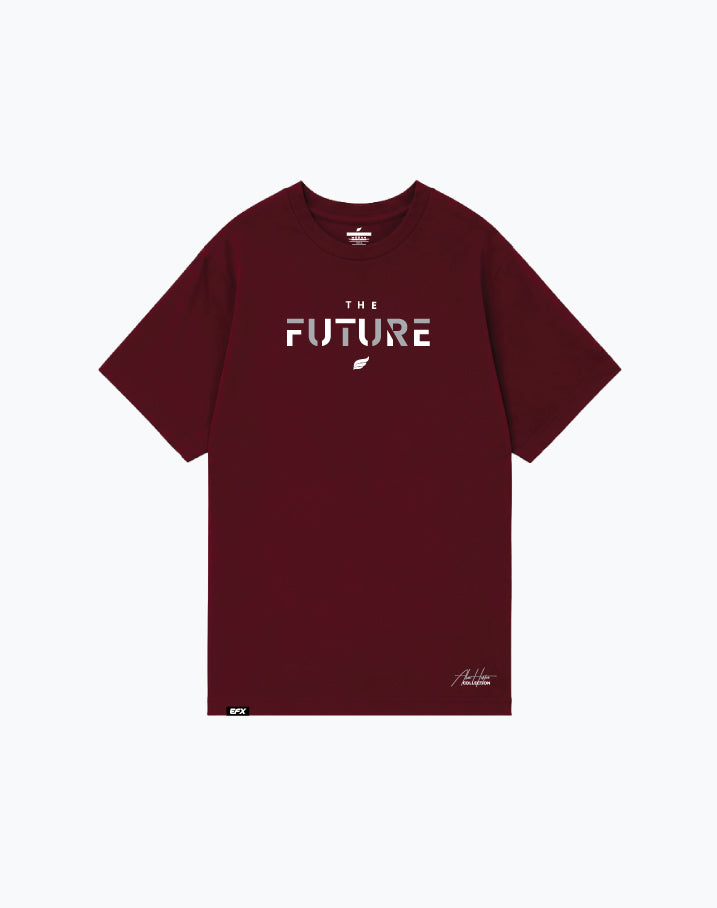 Burgundy t-shirt with The Future text graphic and small white leaf logo