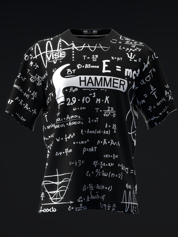 Black bowling jersey with white physics equations and hammer graphic design, front view