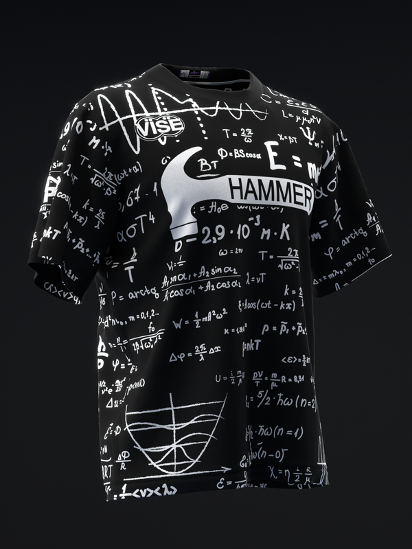 Black bowling jersey with white physics equations and hammer graphic on front