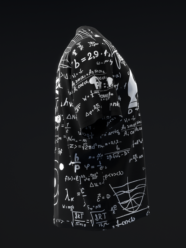 Black bowling jersey with white physics equations and mathematical formulas printed throughout