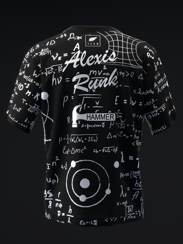 Black bowling jersey with white physics equations and mathematical formulas throughout