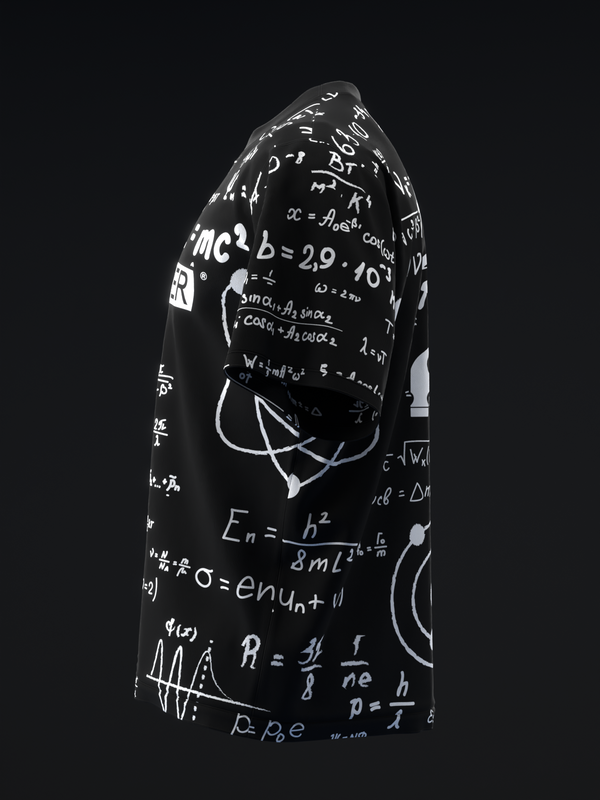 Black bowling jersey with white physics equations and scientific formulas throughout