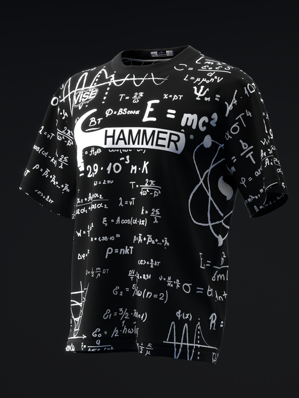 Black bowling jersey with white physics equations and Hammer logo on front