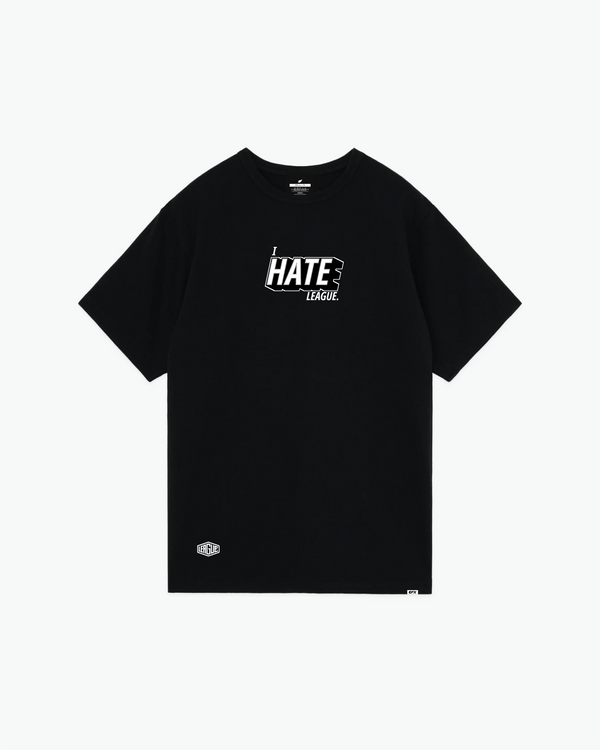 Black t-shirt with white I Hate League graphic on front, front view