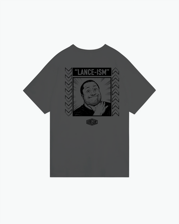 Dark gray t-shirt with Lance-Ism graphic and chevron border design on back
