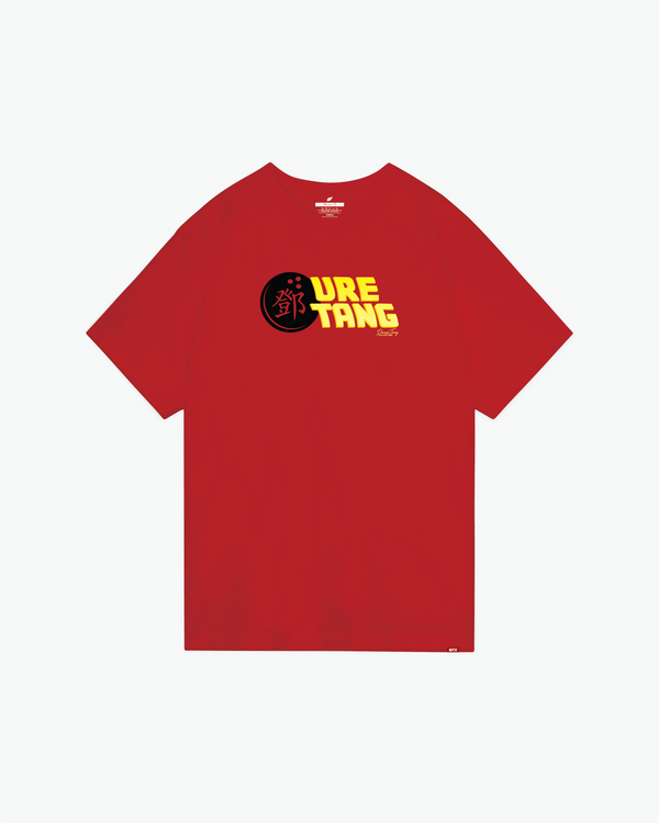 Red bowling t-shirt with yellow and black Uretang graphic on front
