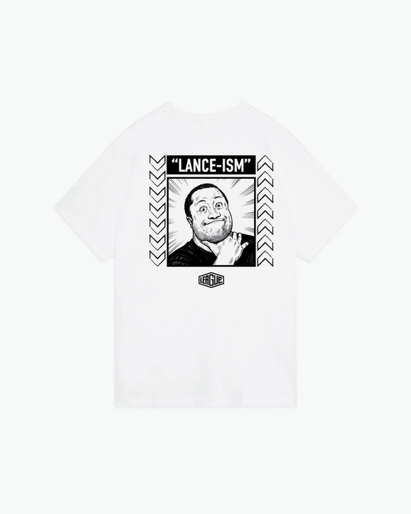 White t-shirt with black and white Lance-ism graphic portrait design on front
