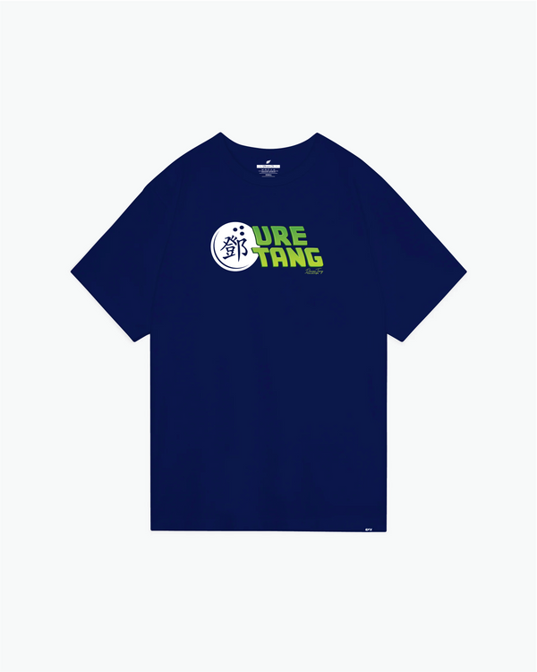 Navy blue t-shirt with white bowling ball and lime green Uretang text logo