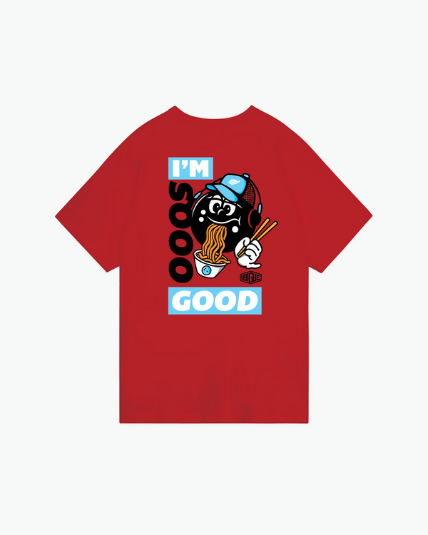 Red t-shirt with cartoon character holding noodles and "I'm So Good" text graphic
