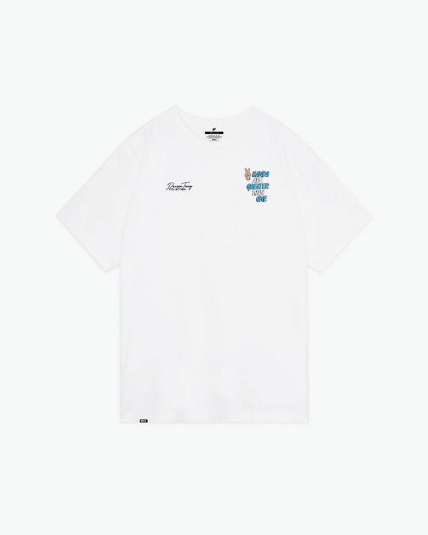 White bowling tee with small chest graphics and script text detail