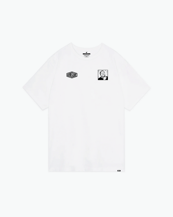 White cotton tee with small chest graphics and portrait print