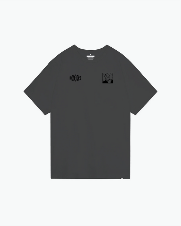 Dark gray t-shirt with small logo and portrait graphic on chest