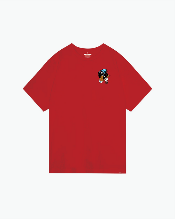 Red t-shirt with small cartoon bowling graphic on chest