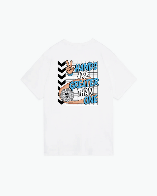 White tee shirt with bowling-themed graphic and text design on front